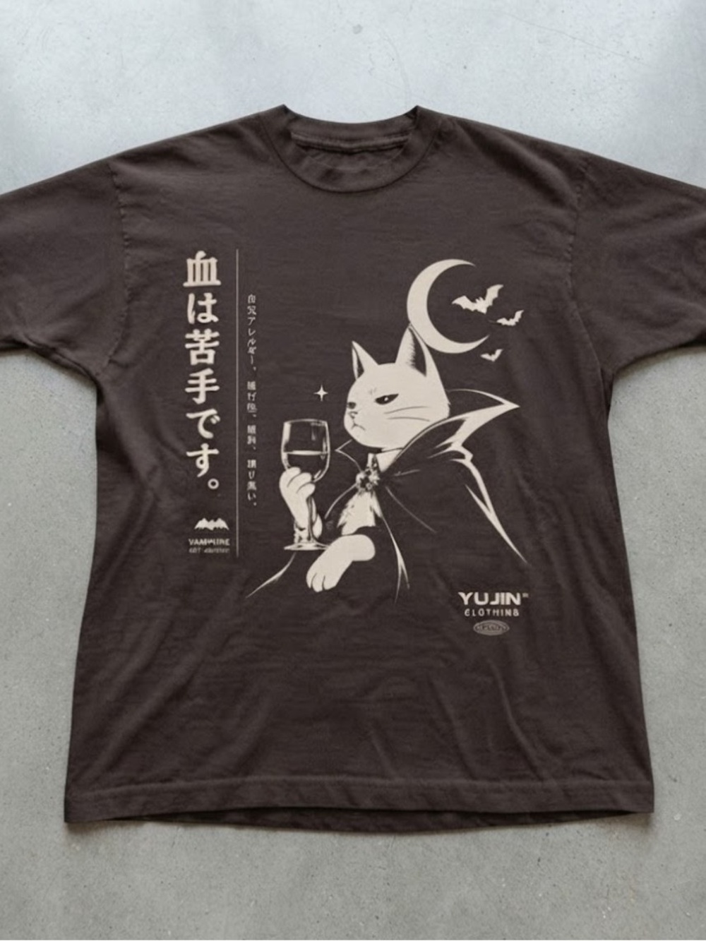 Gildan Black Tee with Cream Vampire Cat Design
